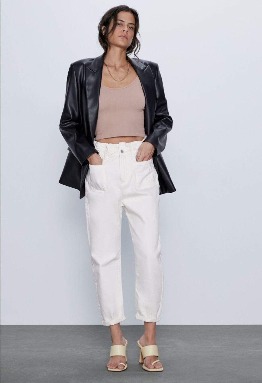 ZARA Off White High Rise Paperbag Elastic Waist Baggy Jeans w/ Pockets Sz 4
